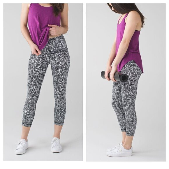 Lululemon‎ Wunder Under Crop Hi-Rise Active Leggings Miss Mosaic Black Sz 8 - Picture 1 of 14